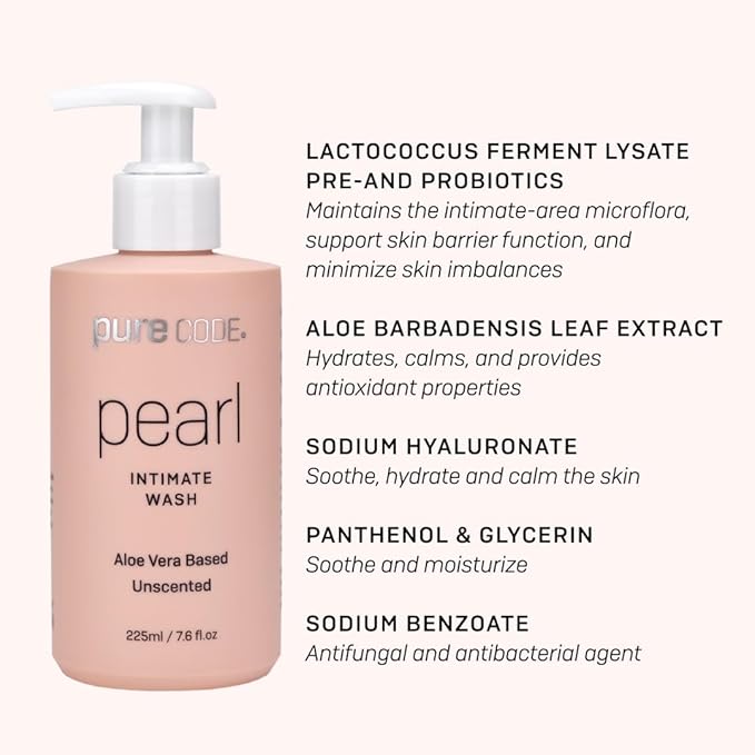 PURE CODE Aloe Vera-Based Pearl Intimate Wash - Gentle &amp Hydrating Intimate Cleanser for Skin Protection - Unscented Natural Feminine Wash Suitable for All Skin Types - 225ml (Pack of 2)