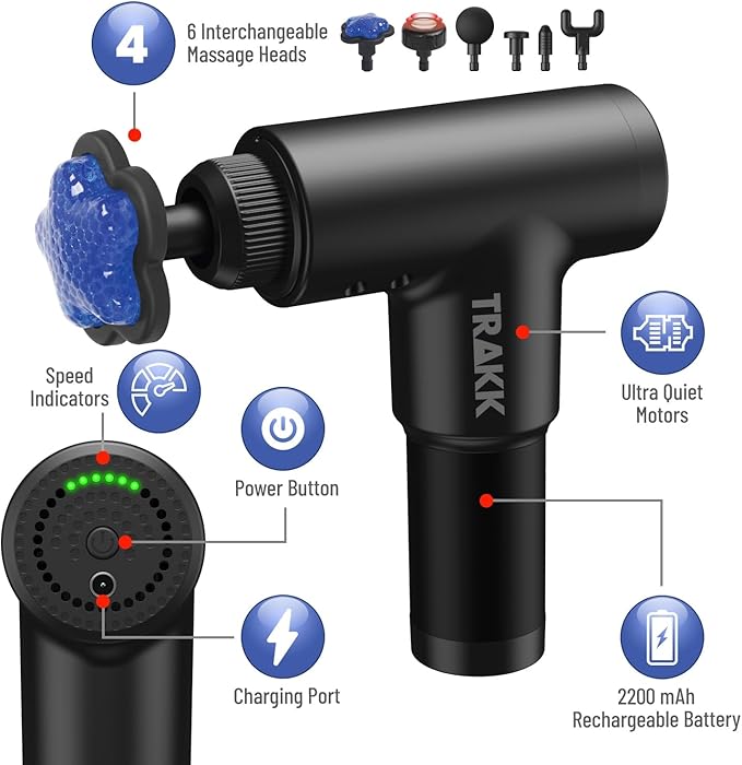 TRAKK Beast Cordless Hot and Cold Percussion Massager 6 Intensity Levels Deep Tissue Massage Gun Black