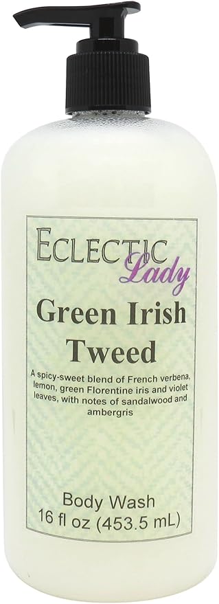Eclectic Lady Liquid Pearl Body Wash - Green Irish Tweed Scent 3-in-1 Use For Bubble Bath Hand Soap &amp Body Wash Phthalate-Free Green Irish Tweed Fragrance Handcrafted in USA (16 oz)
