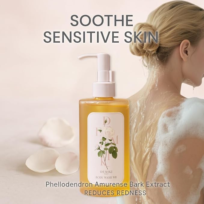 DEMIKI Hydrating Body Wash for Sensitive &amp Dry Skin White Rose Scent Nourishing Shower Oil for Women Winter Moisture Care Sulfate-Free Paraben-Free Dye-Free 10 fl oz