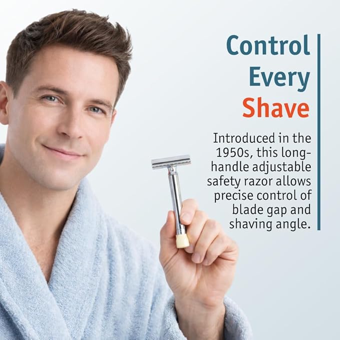 MERKUR Progress 510 Adjustable Double Edge Safety Razor - Long Handle Adjustable Razor With Dial Made in Germany Plastic-Free Closed Comb Straight Bar
