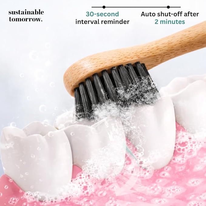Sustainable Tomorrow Zen Bamboo Electric Toothbrush Durable Wood-Grain ABS Handle Rechargeable w/Plant-Based Soft Bristles Bamboo Heads 5 Modes &amp 30-Day Battery (White)