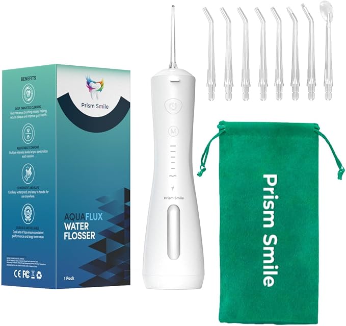 AquaFlux Water Flosser Cordless Dental Irrigator with 6 Modes 240ml Tank IPX7 Waterproof 30-Day Battery Life 8 Tips Included