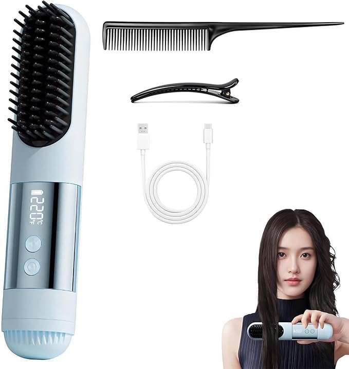 Upgraded Go Brush - Pro for Short Hair 3 Heat Settings for All Hair Types 30s Fast Heat Ionic &amp Ceramic Care Cold Air Mode 2500mAh USB-C Rechargeable Straightening Brush (A-Blue)