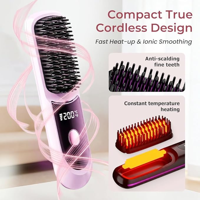 GO Brush 2026 Upgraded Cordless Hair Straightener Brush with LCD Temperature Display Portable Fast Heating USB Rechargeable 30+ Mins Runtime for Travel Fine to Coarse Hair (White)