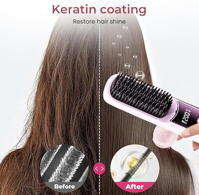 GO Brush 2026 Upgraded Cordless Hair Straightener Brush with LCD Temperature Display Portable Fast Heating USB Rechargeable 30+ Mins Runtime for Travel Fine to Coarse Hair (White)