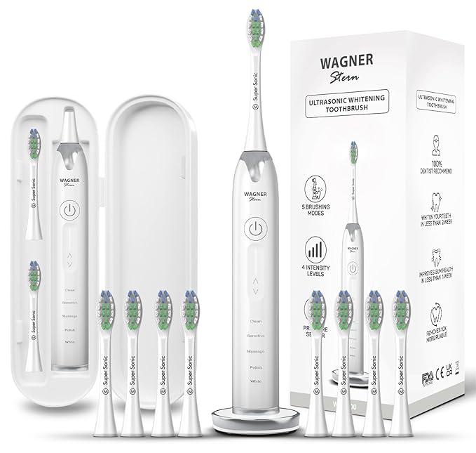 Wagner Stern Ultrasonic whitening Toothbrush with Pressure Sensor. 5 Brushing Modes and 4 Levels of Intensity 8 Soft bristles Travel case.