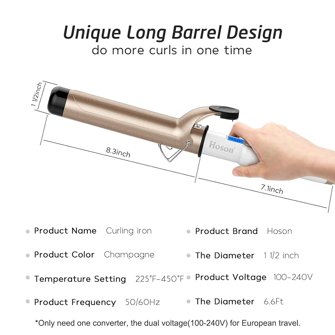 Hoson 1 1/2 Inch Curling Iron Large Barrel 1.5 Inch Long Barrel Curling Wand Dual Voltage Ceramic Tourmaline Coating with LCD Display Glove Include