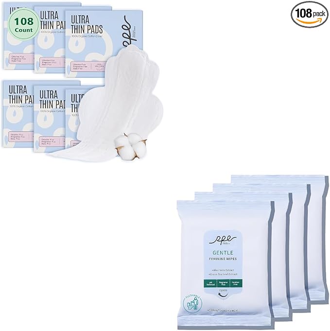 Organic Feminine Care Bundle: Large pH-Balanced Wipes &amp Ultra-Thin Absorbent Sanitary Pads for Women 10ct Wipes + (Regular Size 3 108 Count)