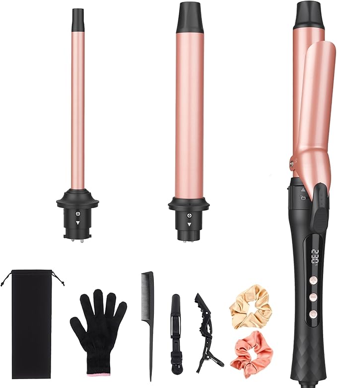 Curling Iron Set 3 in 1 Curling Wand with Interchangeable Ceramic Barrels 0.5 to 1.25 Inch 14 Temps Fast Heat for Multiple Curl Dual Voltage Travel Hair Curler