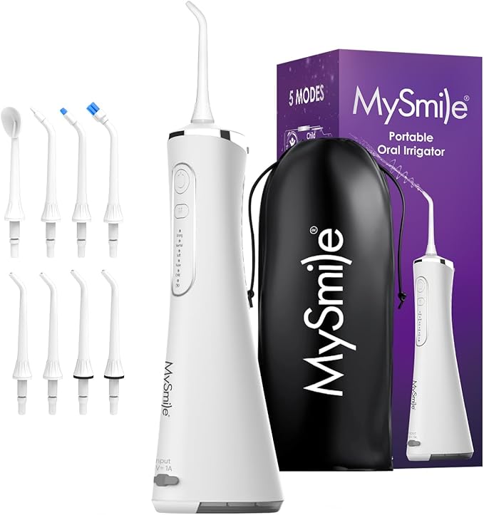 MySmile LP211 Cordless Water Flossers Portable Rechargeable Oral Irrigator for Teeth Cleaning 5 Cleaning Modes IPX7 Waterproof 8 Replacement Tips and a Storage Pouch (Pearl White)