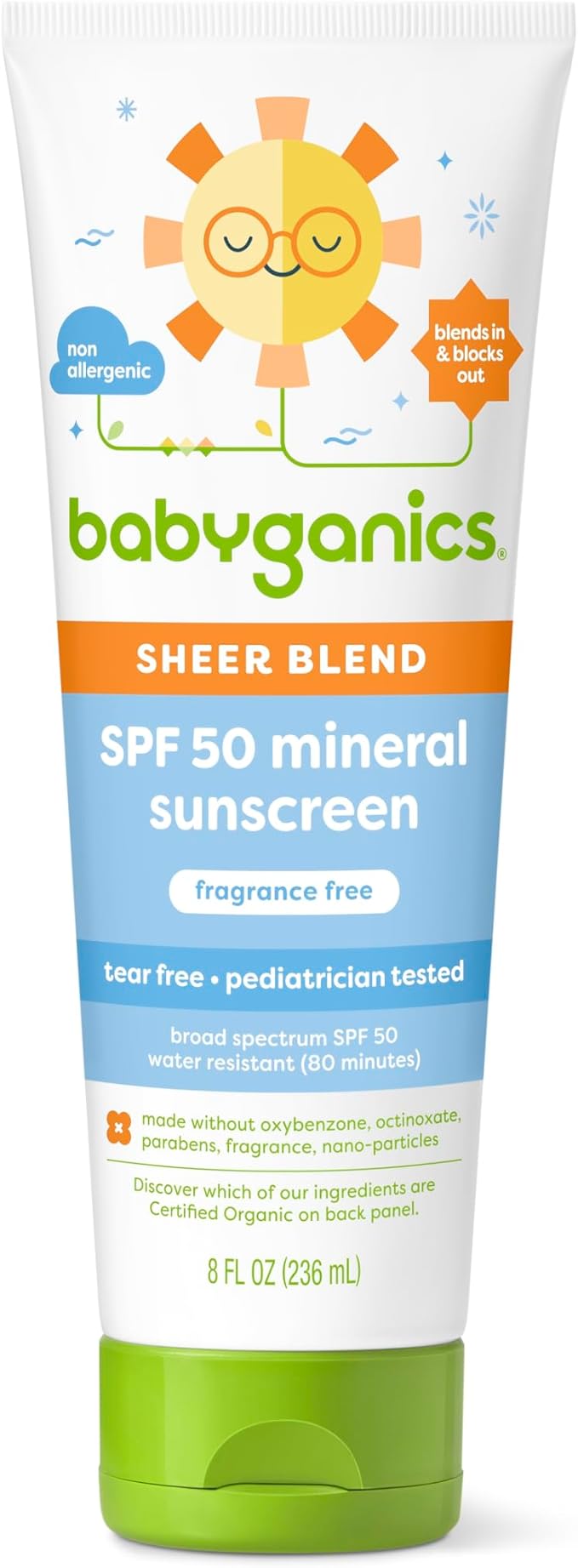 Babyganics SPF 50 Mineral Sunscreen Lotion Sheer Blend UVA UVB Protection Octinoxate &amp Oxybenzone Free Water Resistant Fragrance Free 8 oz