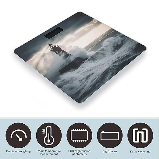Lighthouse in Storm Scale for Body Weight Highly Accurate Bathroom Body Scale Sturdy Tempered Glass Digital Weight Scales LCD Display Smart Scales Rounded Corners Design