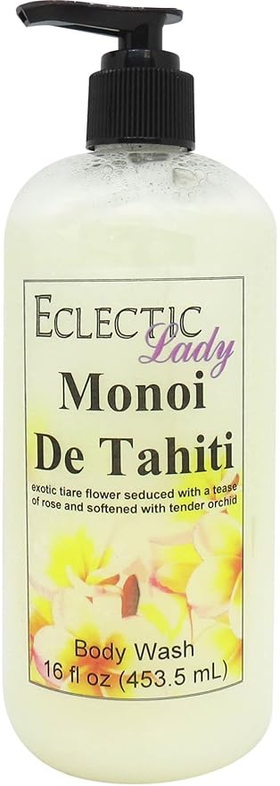 Eclectic Lady Liquid Pearl Body Wash - Monoi de Tahiti Scent 3-in-1 Use For Bubble Bath Hand Soap &amp Body Wash Phthalate-Free Monoi de Tahiti Fragrance Handcrafted in USA (16 oz)
