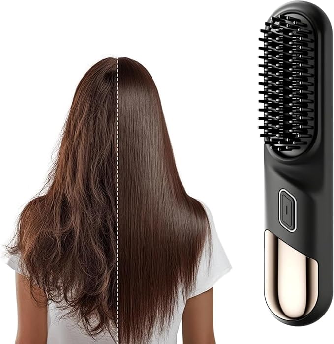 Wireless Ceramic Heating Hair Straightening Comb Portable Hair Straightening Brush Rechargeable Straightener Comb Fast Heating Straightener Brush for Travel Home (Black)