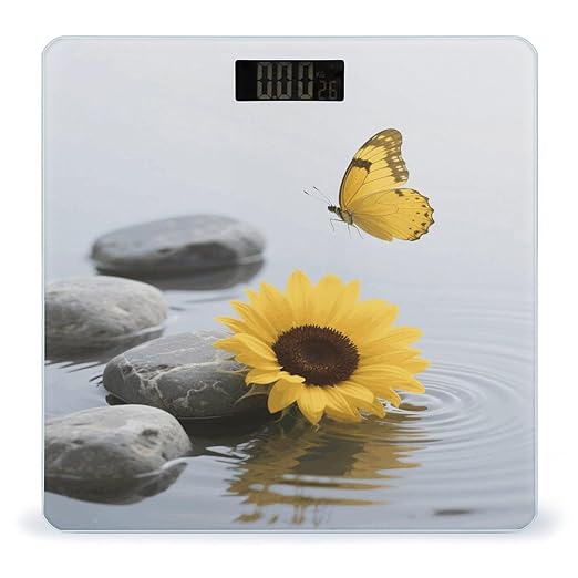 Yellow Flower Butterfly with Zen Stone Weight Scale Cute Bathroom Scale for Body Highly Accurate Digital Weighing Machine for People Compact LCD Display Scales with Sturdy Toughened Glass Scales
