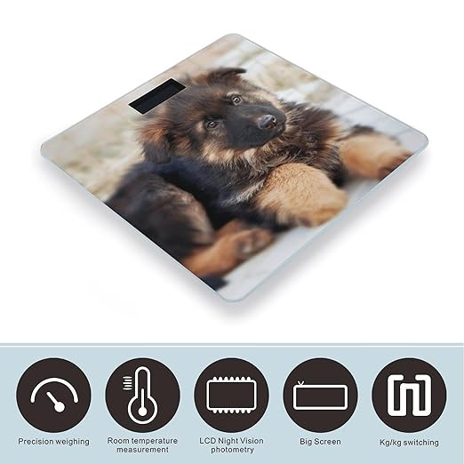 German Shepherd Puppies Scale for Body Weight Anti-Slip Sturdy Tempered Glass Weighing Machine Highly Digital Accurate Bright LCD Bathroom Scale for Household Gift