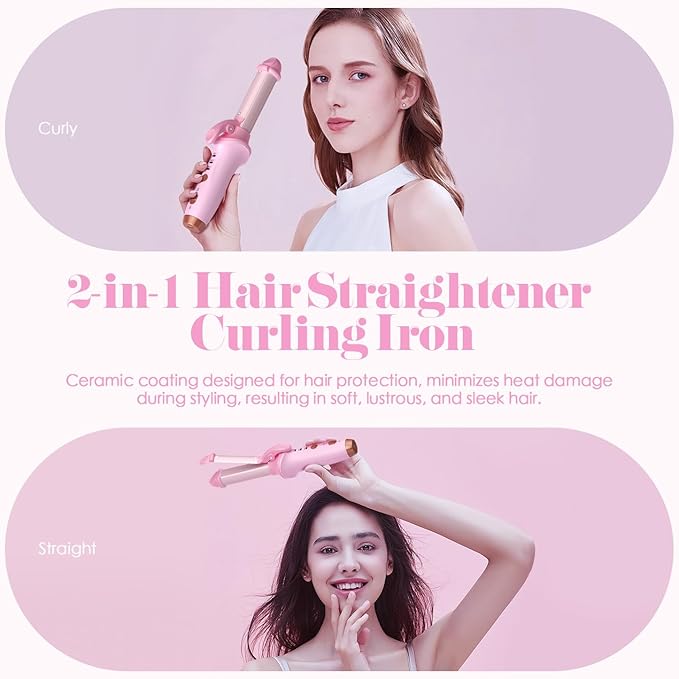 Bestauty Small Cordless Curling Iron 1 inch Mini Dual Purpose Curling/Flat Iron - Hair Straightener and Curler 2 in 1 Rechargeable Wireless Travel Hair Curling Iron for Short Hair (Pink)