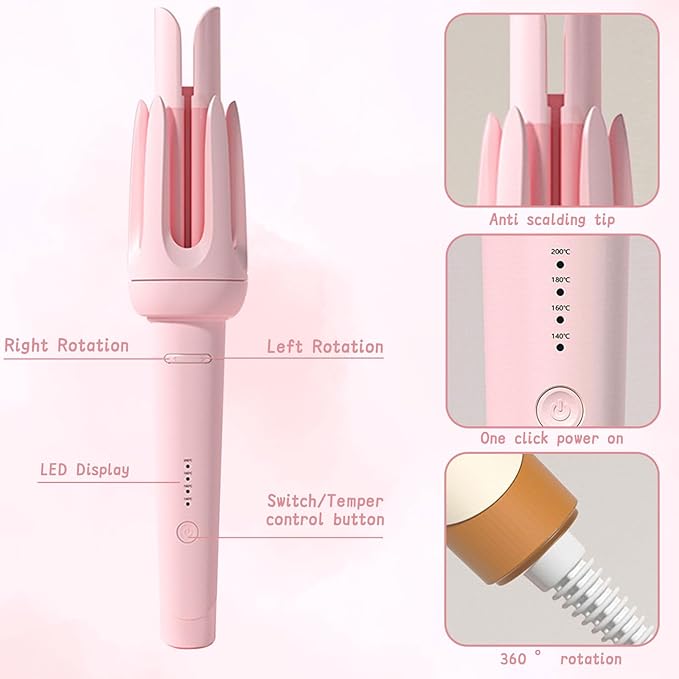 Automatic Curling Iron 1.25Inch Wave Curling Iron Fast Heating Hair Curling Wand with 3 Temp &amp LED Display 60Min Auto Shut-Off Anti-Scald Anti-Tangle Rotating Curling Irons for Hairstyle (Pink