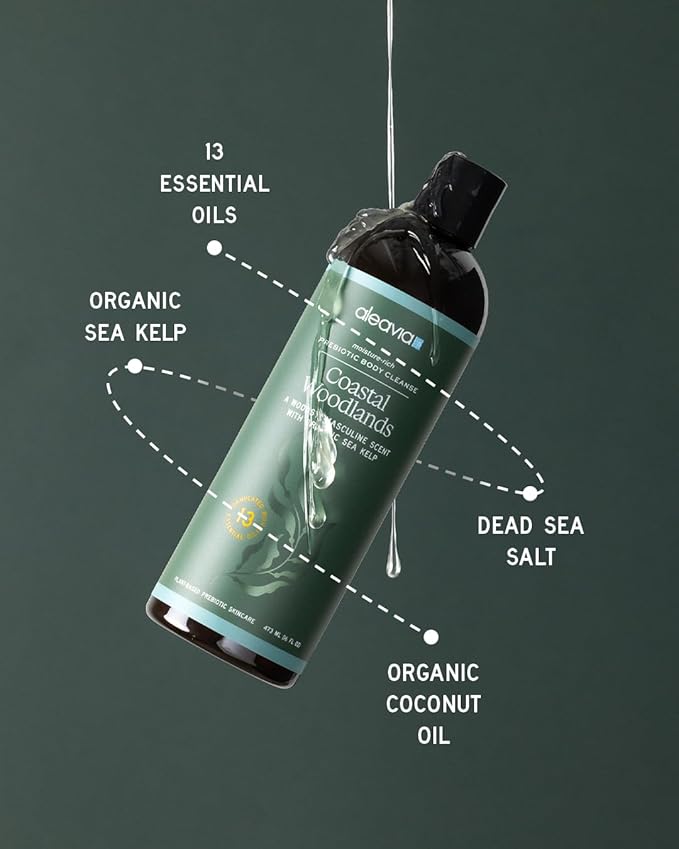 Aleavia Coastal Woodlands Mens Body Cleanse – Organic &amp All-Natural Prebiotic Body Wash for Men Woodsy Notes Scented with 13 Essential Oils – Nourish Your Skin Microbiome – 16 Oz.