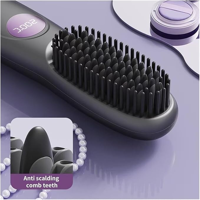 Cordless Hair Straightener Brush Portable Mini Hair Straightening Brush with 3 Temperature Settings &amp LED Display USB Rechargeable Fast Heating Hairs Brush for Travel(Pink)