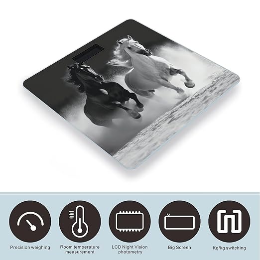 Black and White Horses Running Weight Scale Large Bathroom Scales Digital Weight with Bright LED Display Non Slip Automatic Weighing Scale Fashion Weighing Machine for Body