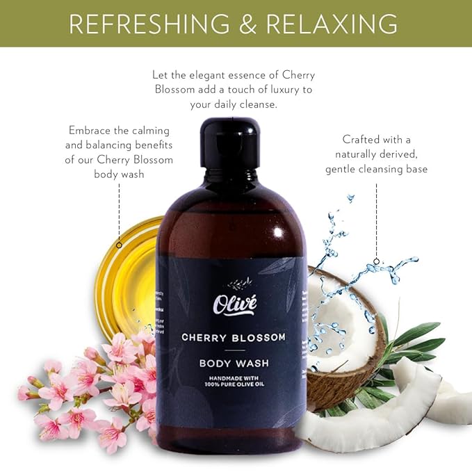 100% Pure Olive Oil Body Wash with Cherry Blossom Scent – Made with Natural Ingredients | Gentle Cleansing &amp Hydrating Shower Gel for Soft Smooth Healthy-Looking Skin | 300ml Bottle
