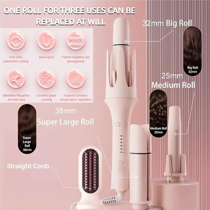 4 in 1 Automatic Curling Iron Set with Interchangeable Barrels(11.21.5) 3 Ionic Beach Waves Portable Hair Curlers &amp 1 Straightener CombAnti-Scald &amp Tangle-Free3 Temp Settings Timer