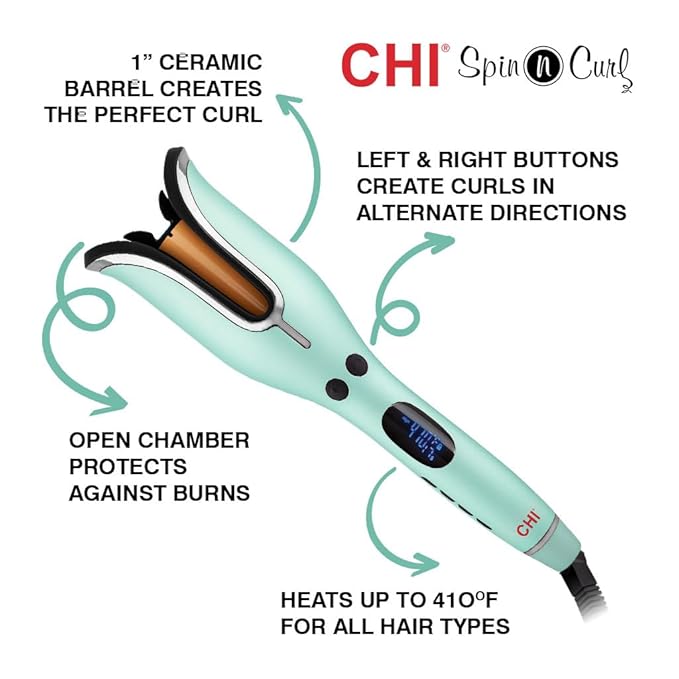 CHI Spin N Curl 1″ Ceramic Rotating Curling Iron Mint Green Adjustable Preset Heat Settings for All Hair Types Salon-Quality Curls &amp Waves Auto Shut-Off Tangle Protection