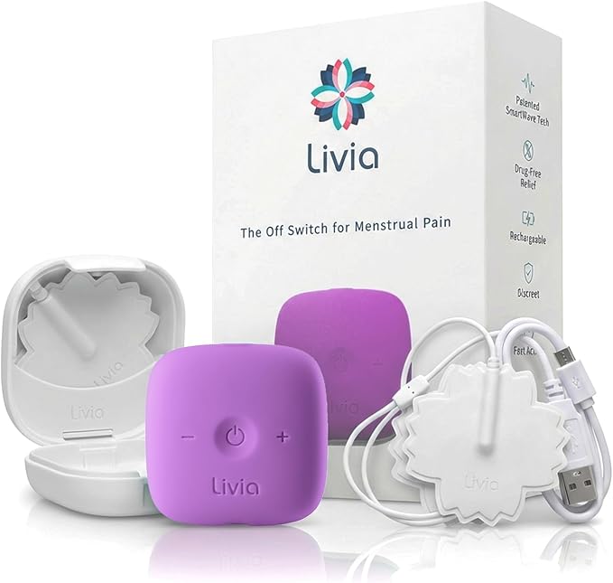 Livia Menstrual Pain Relief Device Lavender – Off-Switch for Period Pain – Portable &amp Discreet – Rechargeable Up to 8 Hours Battery – Complete Kit with Stick-On Pads – The Go-to Travel Partner