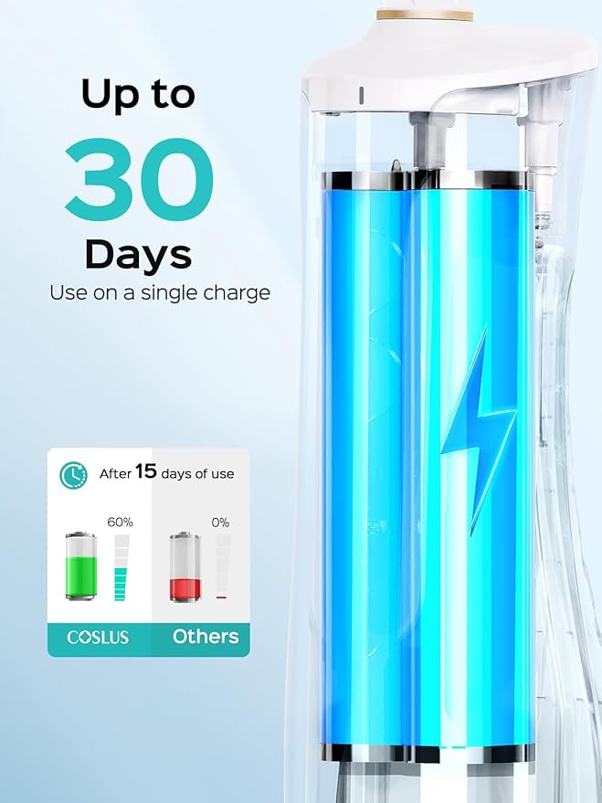 COSLUS Cordless Water Flosser &amp Dental Pick Advanced 10 Pressure Settings for Multiple Users + COSLUS Whitening Water Flosser Replacement Tips with 60 Pcs Mint Refills: Compatible with C20 (F5020E
