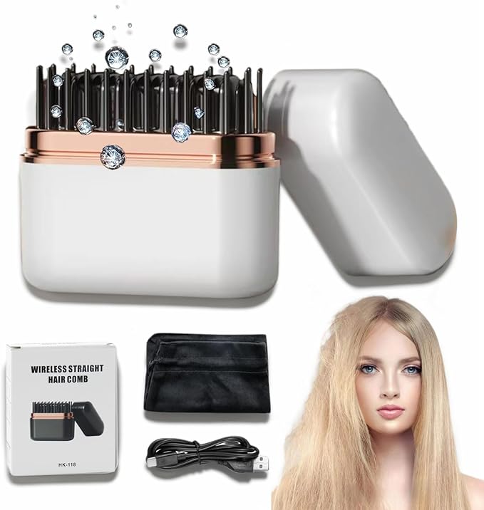 Electric Hot Comb StraightenerMini Hair Straightening CombCordless Rechargeable LCD Display USB Negative Ion Hair Styling Comb for BangsHome Travel Use Gift for Mom Grandmother (White)