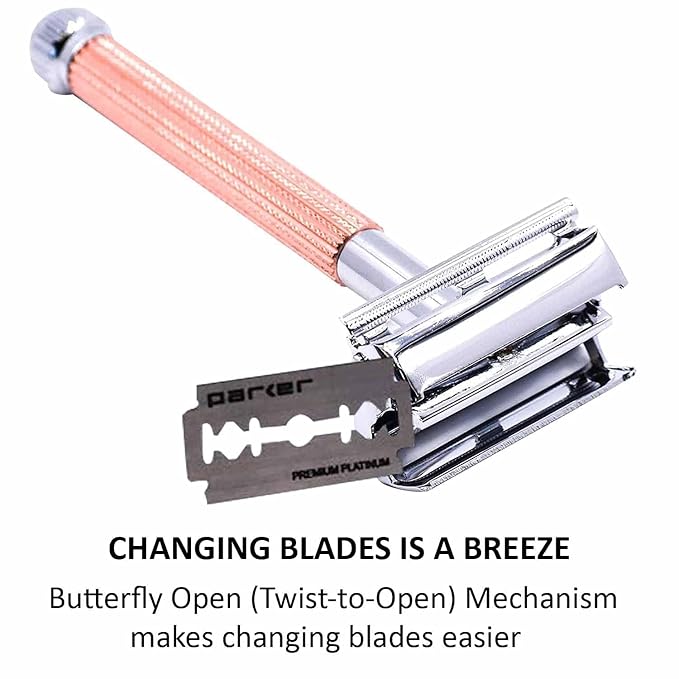 Parker 29L Rose Gold Long Handle Butterfly Open Double Edge Safety Razor for Men &amp Women 5 Parker Premium Platinum Double Edge Razor Blades Included