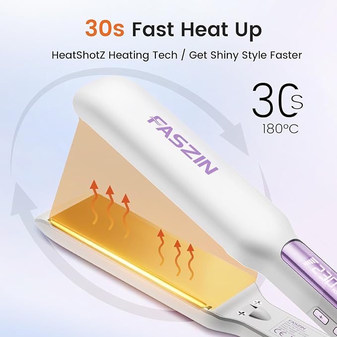 Faszin Professional Hair Straightener 1.65inch Wide-Plate Titanium Negative Ion Flat Iron 30s Rapid Heating LED Temp Display Wide Voltage &amp 10 Adjustable Temp Levels (260-450℉)-Cream-White