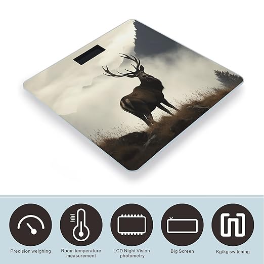 Deer on The Foggy Mountain Bathroom Scale Large LCD Backlight Display Digital Scale Rounded Corners Body Scales Automatic Power On/Off Bathroom Scales for Home Bedrooms