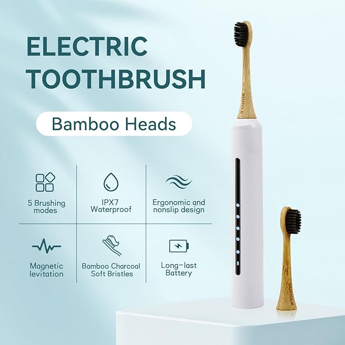 Bamboo Electric Toothbrush for Adults丨Rechargeable Electric Toothbrush with 3 Non Toxic Charcoal Infused Bamboo Brush Heads 5 Cleaning Modes 60 Days Battery Life IPX7 Waterproof-White