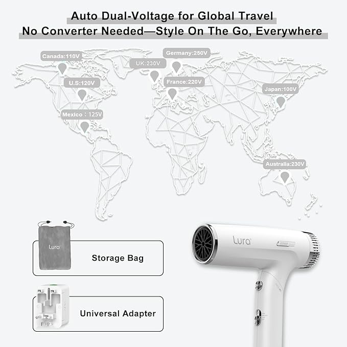 LURA Auto Dual Voltage Hair Dryer for International Travel1200W Travel HairDryers with DifffuserSmall Portable Blow Dryer for Women LightweightCompact Mini Blowdryers with Folding Hand for Kids