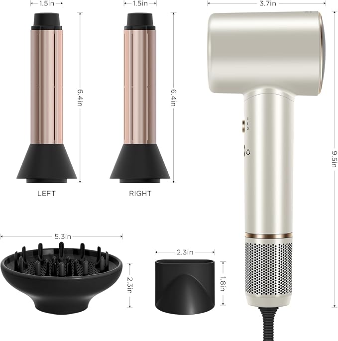 PARWIN PRO BEAUTY Air-Sonic Hair Dryer with Diffuser HD-LED Display &amp 110 000 RPM High Speed Ionic Blow Dryer 1 1/4 Inch Left &amp Right Air Auto-Wrap Curlers Champagne Silver Professional Ve