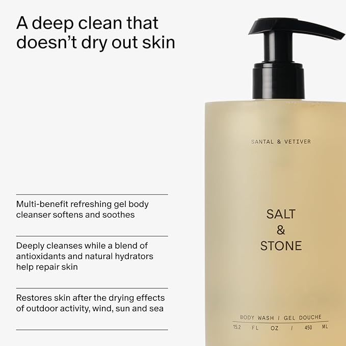 Salt &amp Stone Body Wash with Antioxidants for Deep Moisture | For Women &amp Men Sulfate Paraben &amp Dye Free Leaving Skin Soft and Hydrated | Santal &amp Vetiver 15.2 fl oz
