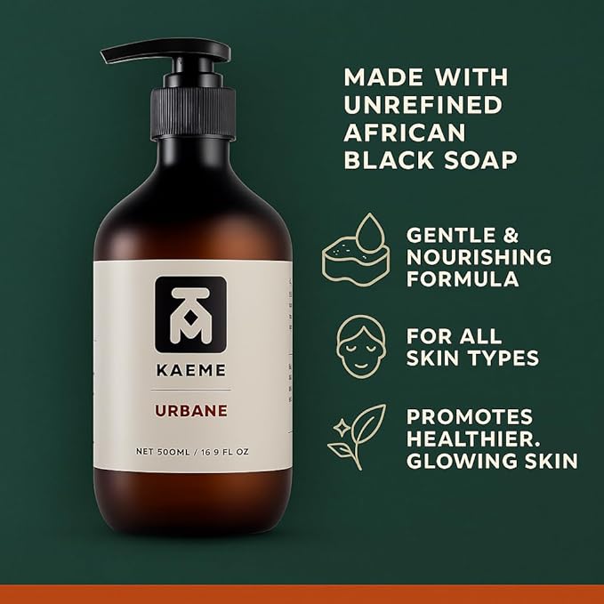 KAEME.COM URBANE BLACK SOAP BODY WASH-Handmade|Body Wash|Shampoo|Hair|Premium &amp Luxurious|Face Wash|Exfoliant|Moisturizer|Make-up Cleanser|All Hair|Sulfate- Free |Rashes|Eczema| Acne-500mL /16.9Fl