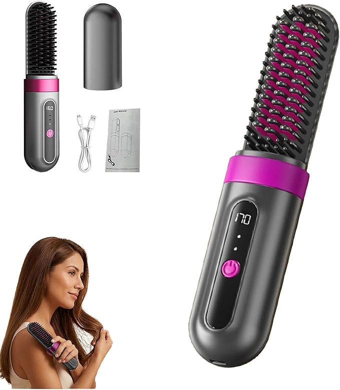Cordless Hair Straightener Brush Portable Mini Ionic Straightening Comb with LCD Display &amp 3 Temp Settings USB Rechargeable Travel Hair Straightener for Women Anti-Scald &amp Fast Heating (2 D