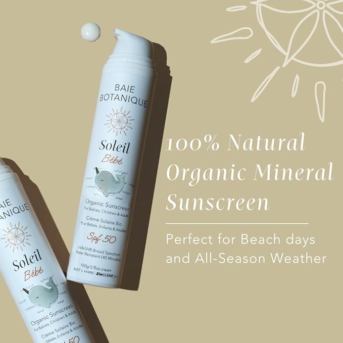 Baie Botanique Soleil Bébé - Organic Non-Toxic Mineral Baby Sunscreen SPF 50 - Sunflower &amp Jojoba - Unscented - Natural - Vegan - No White Cast - Reef Safe - UVA/UVB - 100g