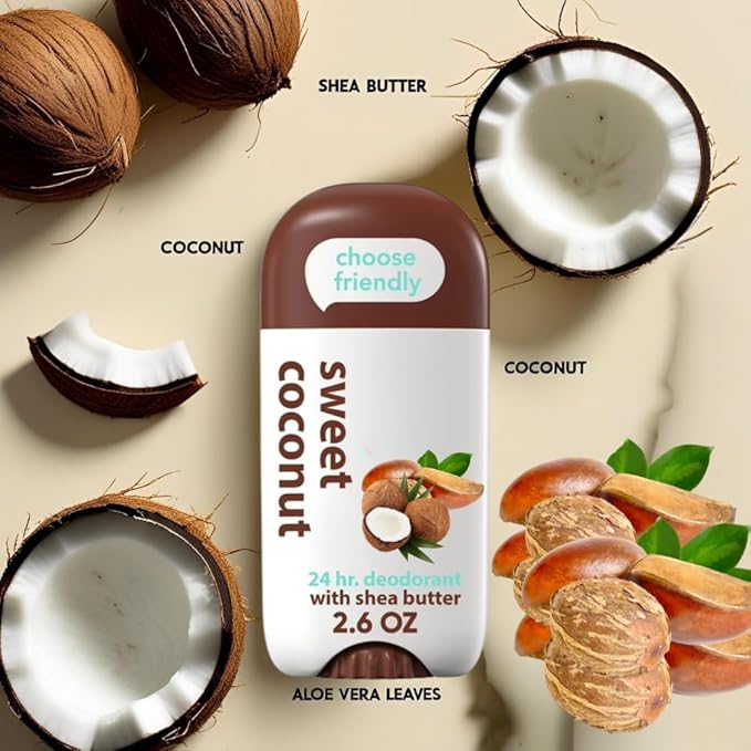 Aluminum~Free Deodorant Stick with Shea Butter – Coconut Scent 2.6 oz | Baking Soda Free 24-Hour Odor Protection Gentle on Skin For Women &amp Men Vegan &amp Cruelty-Free