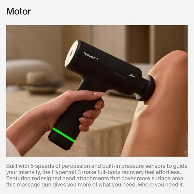 Hyperice Hypervolt 3 – QuietGlide Technology Handheld Percussion Massage Gun | 5 Speeds 5 Interchangeable Heads | Helps Relieve Sore Muscles Improve Mobility and Speed Up Recovery