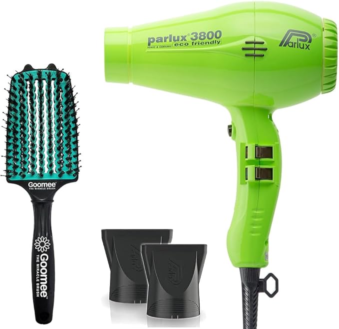 Parlux 3800 Eco Friendly Ionic and Ceramic Green Hair Dryer and Miracle Large Detangling Brush Mint Green – Professional Blow Dryer and Dual Bristle Brush for Smooth Shiny Frizz-Free Hair