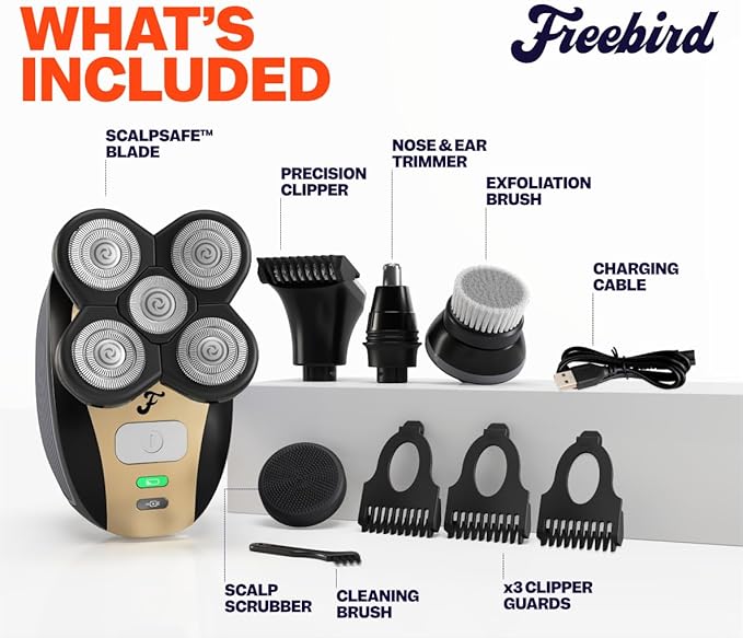 Freebird FlexSeries Electric Head &amp Body Hair Shaver - Mens Cordless Rechargeable Wet/Dry Skull Bald Head Back &amp Groin Waterproof Razor with Rotary Blades Clippers Nose Trimmer Brush Massa