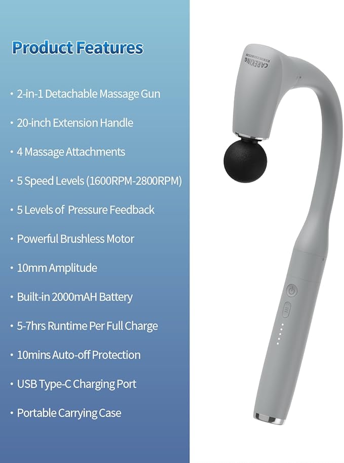 2-in-1 Detachable Percussion Massage Gun with Extension Handle Back Massager for Pain Relief Deep Tissue Muscle Massager for Arm Shoulder Lower Back Thigh Waist Grey
