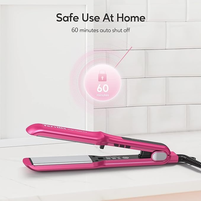Terviiix Ceramic Hair Straightener 1-1/2 Inch Wide Flat Iron for Hair Professional Straightening Irons with Adjustable Temp 30s Instant Heating Get Silky Smooth Hair Dual Voltage Auto Off Pink