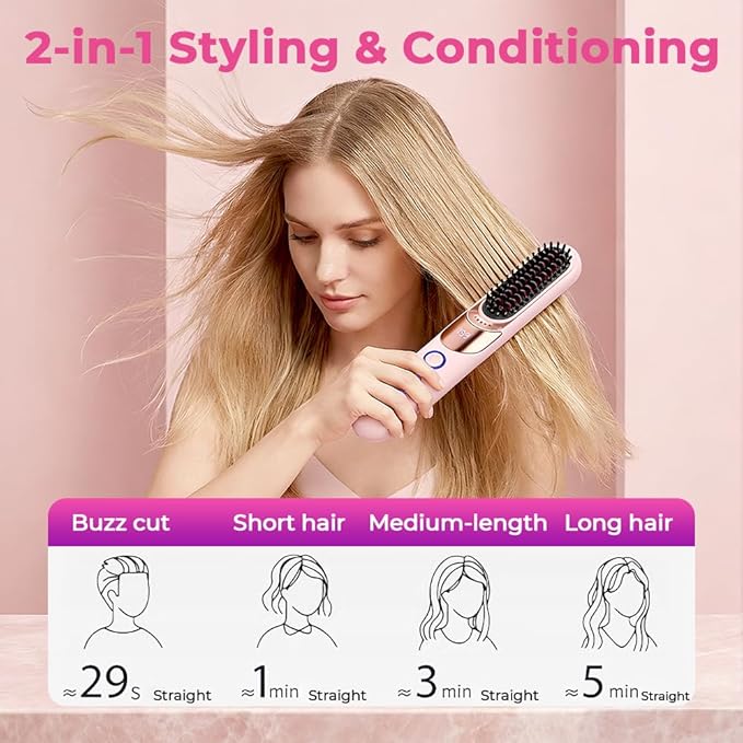Wireless Ceramic Heating Hair Straightening Comb Portable Hair Straightening Brush Rechargeable Straightener Comb Fast Heating Straightener Brush for Travel Home (B_Pink)