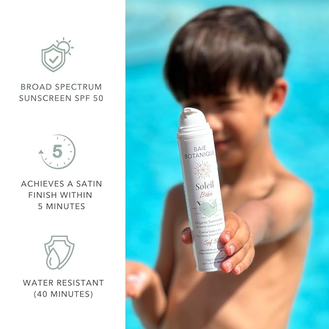 Baie Botanique Soleil Bébé - Organic Non-Toxic Mineral Baby Sunscreen SPF 50 - Sunflower &amp Jojoba - Unscented - Natural - Vegan - No White Cast - Reef Safe - UVA/UVB - 100g